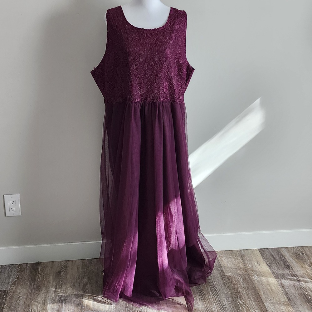 Flycurvy Lace Tulle Maxi Dress Womens 2XL Purple Gown Formal Wedding Guest